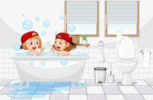 bambini felici che giocano a bolle nella vasca da bagno vettore