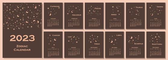 2023 calendario. calendario concetto design con costellazione di il zodiaco. vettore illustrazione. impostato di 12 calendario pagine.