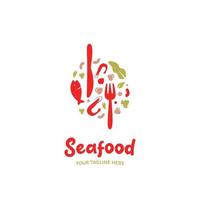 frutti di mare cibo ristorante buongustaio ristorazione logo con pesce, fungo, gamberetto, forchetta e coltello icona simbolo illustrazione vettore