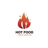 caldo cibo logo con fiamma fuoco ardente forchetta e coltello icona simbolo per ristorazione ristorante o bistro bar vettore