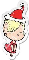 afflitto etichetta cartone animato di un' strabismo ragazza nel vestito indossare Santa cappello vettore