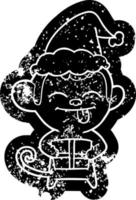 divertente cartone animato afflitto icona di un' scimmia con Natale presente indossare Santa cappello vettore
