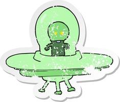 adesivo retrò in difficoltà di un alieno cartone animato in un disco volante vettore