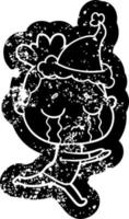 icona angosciata del fumetto di una donna che piange che indossa il cappello di Babbo Natale vettore
