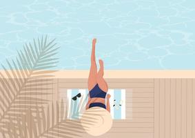 piscina festa bandiera vettore piatto illustrazione. ragazza nel nuoto costume oziare di il piscina, prendere il sole.