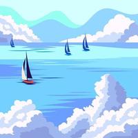 paesaggio blu con bianca Barche andare in barca nel un' mare prima un' città coperto con nuvole