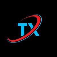 tx t X lettera logo design. iniziale lettera tx connesso cerchio maiuscolo monogramma logo rosso e blu. tx logo, t X design. tx, t X vettore