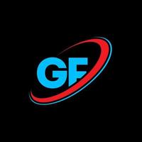 gf g f lettera logo design. iniziale lettera gf connesso cerchio maiuscolo monogramma logo rosso e blu. gf logo, g f design. gf, g f vettore