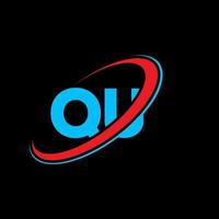 qui q u lettera logo design. iniziale lettera qui connesso cerchio maiuscolo monogramma logo rosso e blu. qui logo, q u design. qua, q u vettore
