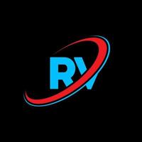 rv r v lettera logo design. iniziale lettera rv connesso cerchio maiuscolo monogramma logo rosso e blu. rv logo, r v design. camper, r v vettore