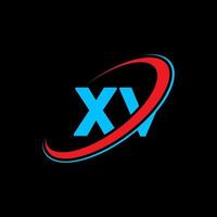 xv X v lettera logo design. iniziale lettera xv connesso cerchio maiuscolo monogramma logo rosso e blu. xv logo, X v design. xv, X v vettore