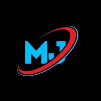 mj m j lettera logo design. iniziale lettera mj connesso cerchio maiuscolo monogramma logo rosso e blu. mj logo, m j design. mj, m j vettore