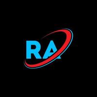 RA logo. RA design. blu e rosso RA lettera. RA lettera logo design. iniziale lettera RA connesso cerchio maiuscolo monogramma logo. vettore