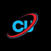 cu c u lettera logo design. iniziale lettera cu connesso cerchio maiuscolo monogramma logo rosso e blu. cu logo, c u design. cu, c u vettore