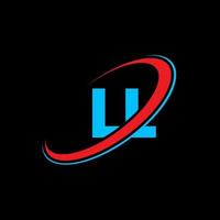 ll l l lettera logo design. iniziale lettera ll connesso cerchio maiuscolo monogramma logo rosso e blu. ll logo, l l design. ll, l l vettore