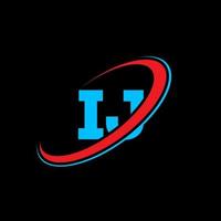 ij io j lettera logo design. iniziale lettera ij connesso cerchio maiuscolo monogramma logo rosso e blu. ij logo, io j design. ij, io j vettore