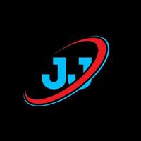 jj j j lettera logo design. iniziale lettera jj connesso cerchio maiuscolo monogramma logo rosso e blu. jj logo, j j design. jj, j j vettore