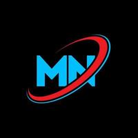 mn m n lettera logo design. iniziale lettera mn connesso cerchio maiuscolo monogramma logo rosso e blu. mn logo, m n design. mn, m n vettore