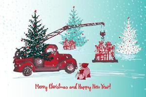 festivo nuovo anno e Natale carta . rosso camion gru con abete albero decorato rosso palle, vicino i regali su nevoso sfondo. vettore