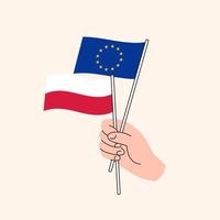 cartone animato mano Tenere europeo unione e polacco bandiere. Unione Europea Polonia relazioni. concetto di diplomazia, politica e democratico negoziati. piatto design isolato vettore
