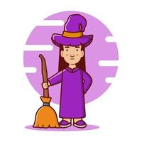 vettore personaggio cartone animato strega donna nel cappello trasporto scopa
