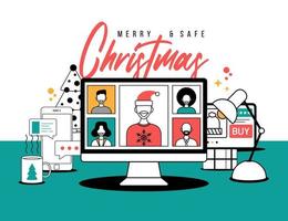 Natale in linea saluto nel schema stile. persone incontro in linea insieme con famiglia o amici video chiamata su computer virtuale discussione. gruppo di persone incontro attraverso video conferenza su natale vettore