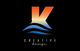 tramonto effetto lettera K logo con onde Linee. lettera con geometrico onde e tramonto design. vettore