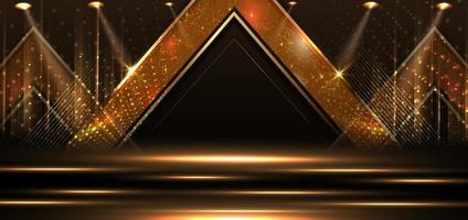 elegante d'oro palcoscenico verticale raggiante con illuminazione effetto scintillare su nero sfondo. modello premio premio design. vettore