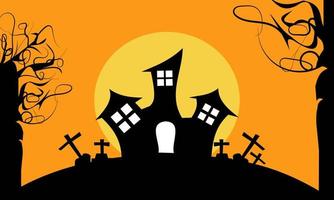 contento Halloween modello sfondo mano disegnato piatto illustrazione con buio castello su pieno Luna vettore