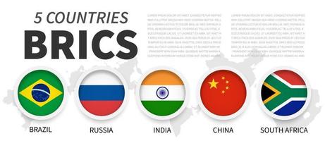 BRICS . associazione di 5 paesi . semplice cerchio bandiera con telaio . bianca isolato sfondo e nazione carta geografica . vettore .