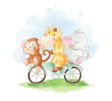 carino cartone animato animale amici equitazione bicicletta illustrazione vettore