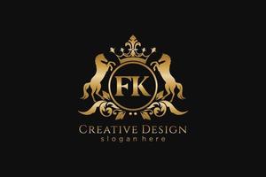 iniziale fk retrò d'oro cresta con cerchio e Due cavalli, distintivo modello con pergamene e reale corona - Perfetto per lussuoso il branding progetti vettore