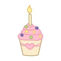 carino Cupcake con rosa glassatura e candela. cartone animato stile. vettore illustrazione isolato su bianca sfondo.