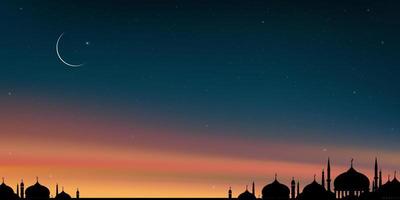 islamico carta con silhouette cupola moschee, mezzaluna luna, arancione, blu cielo sfondo, vettore Ramadhan notte con crepuscolo crepuscolo cielo per islamico religione, eid al-adha, eid mubarak, eid al fitr, ramadan kareem