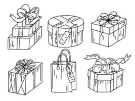 regalo scatole con fiocchi e un' regalo Borsa nel mano disegnato scarabocchio stile. regali collezione. grafico design elementi per annuncio, volantino, manifesto, ragnatela negozio saldi. vettore illustrazione.