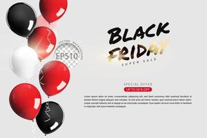 nero Venerdì super vendita concetto, rosso nero e bianca Palloncino con corda galleggiante su bianca sfondo, orizzontale disposizione. 3d realistico vettore illustrazione