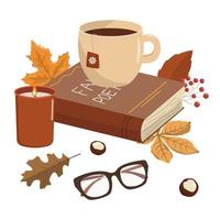 accogliente autunno composizione con prenotare, caldo caffè o Tè, occhiali, e candela. isolato su bianca sfondo. vettore mano disegnato illustrazione.