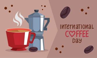 internazionale caffè giorno lettering con tazza vettore