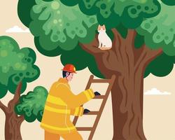 vigile del fuoco salvataggio gatto nel albero vettore