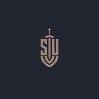 su logo monogramma con spada e scudo stile design modello vettore