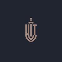 ut logo monogramma con spada e scudo stile design modello vettore