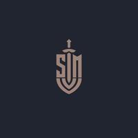 sm logo monogramma con spada e scudo stile design modello vettore