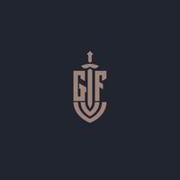 gf logo monogramma con spada e scudo stile design modello vettore