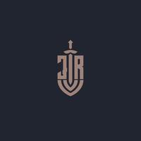 jr logo monogramma con spada e scudo stile design modello vettore