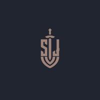 sj logo monogramma con spada e scudo stile design modello vettore