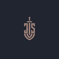 js logo monogramma con spada e scudo stile design modello vettore