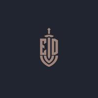 ed logo monogramma con spada e scudo stile design modello vettore