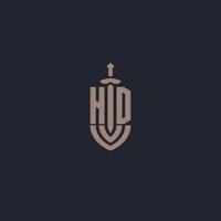 HD logo monogramma con spada e scudo stile design modello vettore