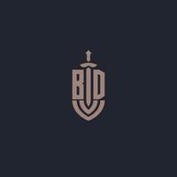 bd logo monogramma con spada e scudo stile design modello vettore