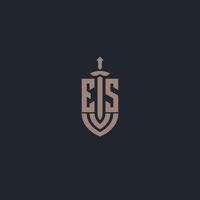 es logo monogramma con spada e scudo stile design modello vettore